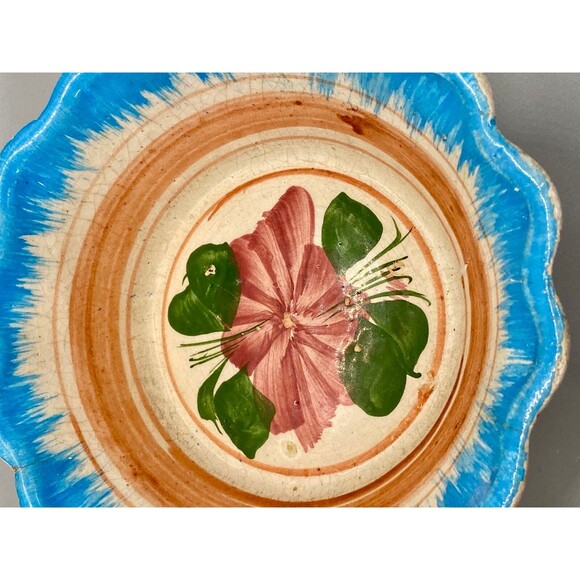 Vintage 6" Oaxacan Drip Ware Fluted Bowl Orange Blue Stripe Flower Hand-Painted - Picture 4 of 6